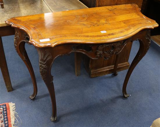 A Continental walnut and marquetry console table W.110cm